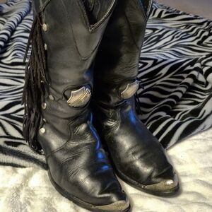 Vintage Harley Davidson Womens High Fringe Western Boots Black Leather size7-7.5